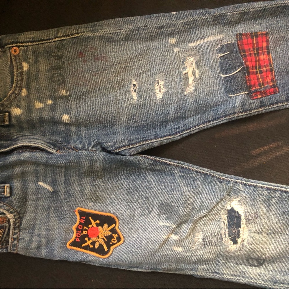 Polo by Ralph Lauren Blue Distressed Jeans with Red Plaid Patch